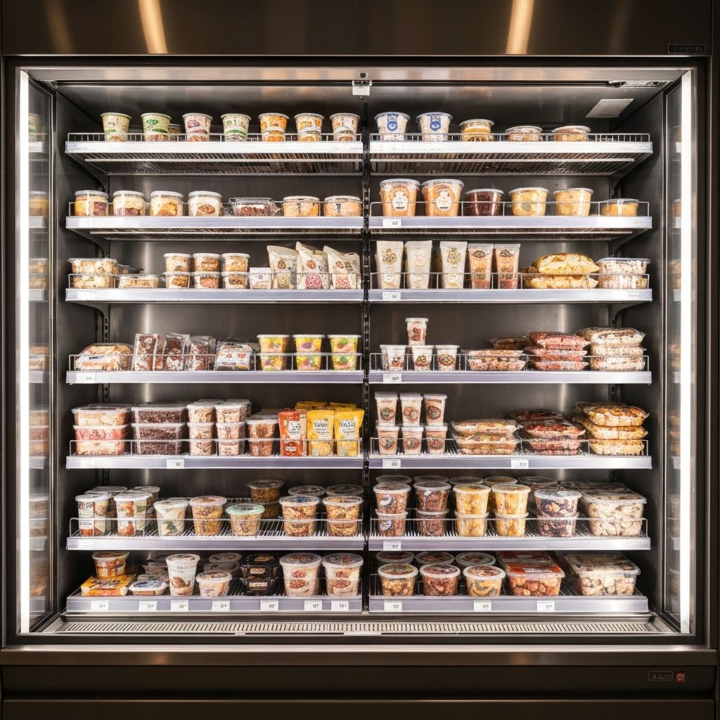 Tiefkühlregal mit organisierten Lebensmittelpaketen